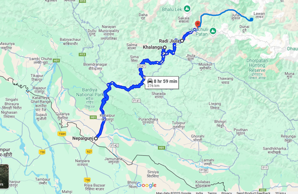 Google map direction for Nepalganj to Dunai to reach Shey Phoksundo Lake